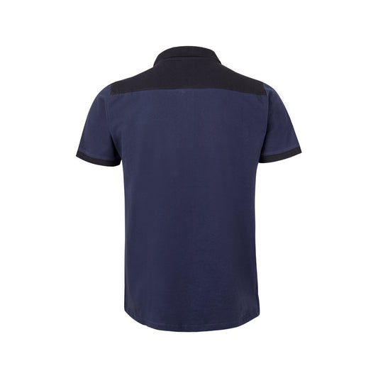 VL VELES promotional polo shirt in blue (detail view) with custom logo branding
