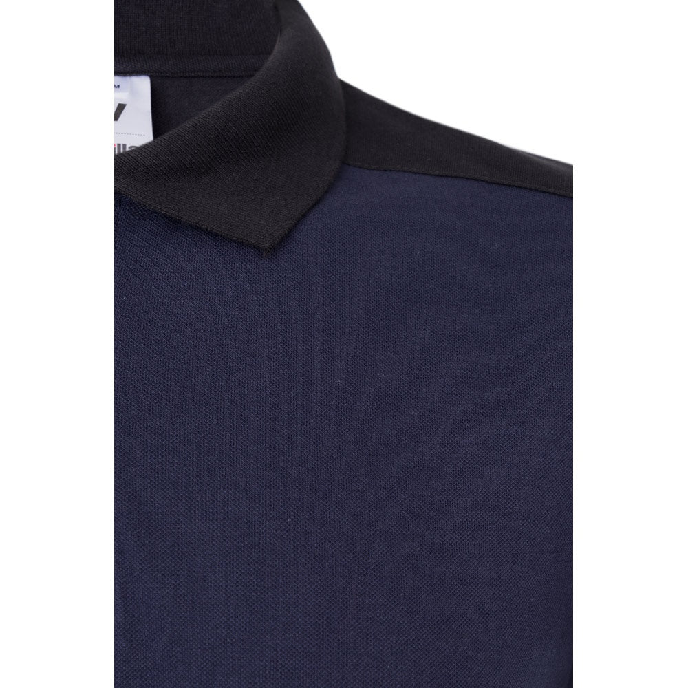VL VELES promotional polo shirt in blue (detail view) with custom logo branding