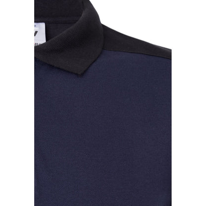 VL VELES promotional polo shirt in blue (detail view) with custom logo branding