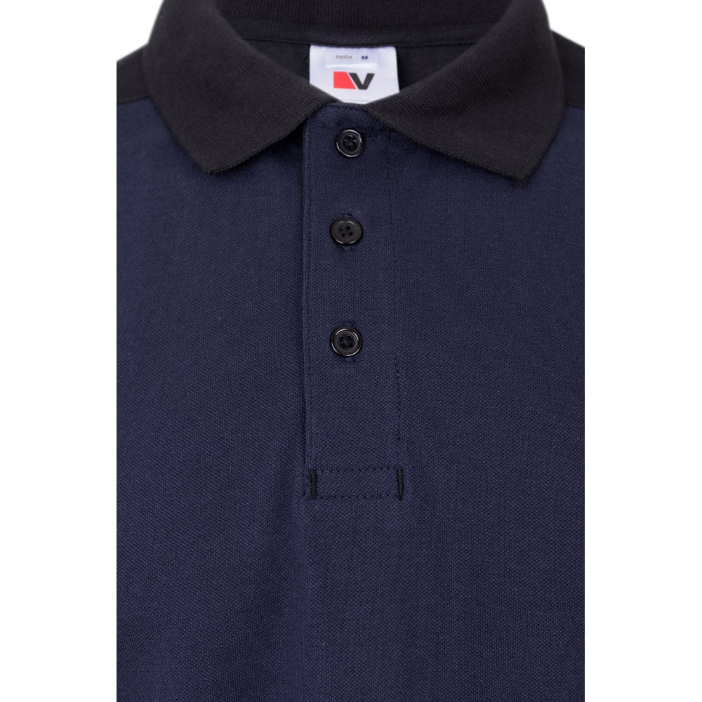 VL VELES promotional polo shirt in blue with custom logo branding