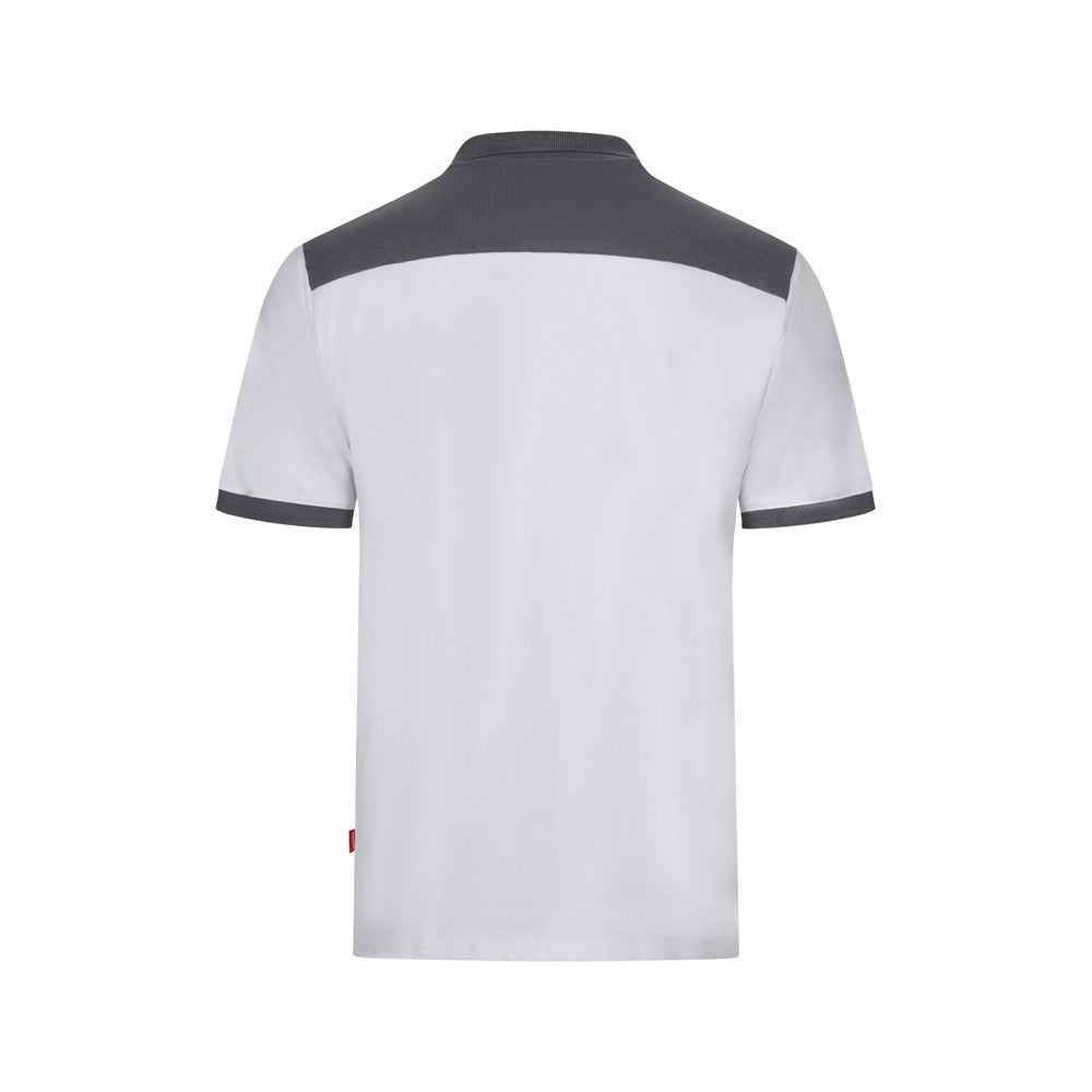 VL VELES promotional polo shirt in white (detail view) with custom logo branding