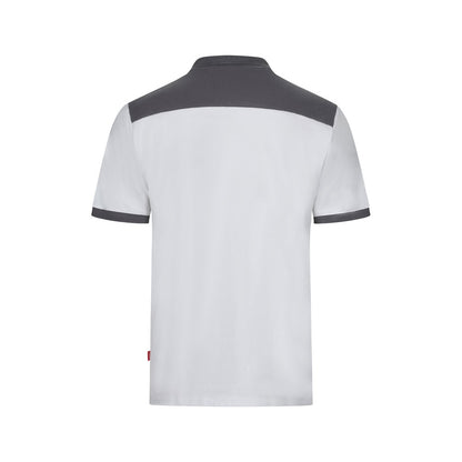 VL VELES promotional polo shirt in white (detail view) with custom logo branding