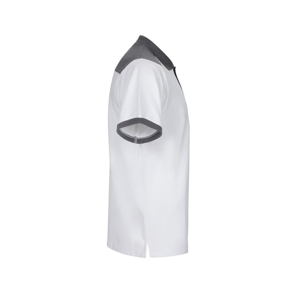VL VELES promotional polo shirt in white (detail view) with custom logo branding