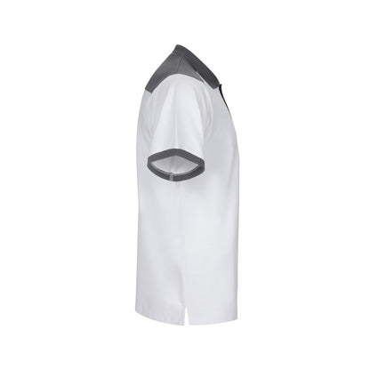 VL VELES promotional polo shirt in white (detail view) with custom logo branding