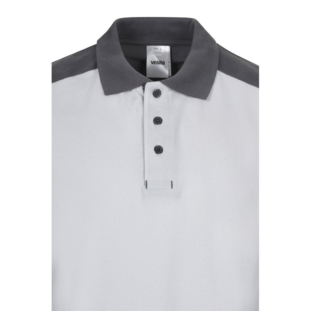 VL VELES promotional polo shirt in white (detail view) with custom logo branding