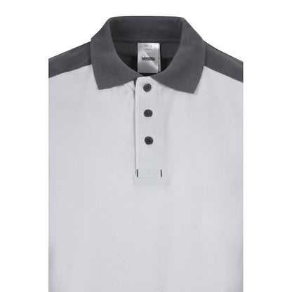 VL VELES promotional polo shirt in white (detail view) with custom logo branding