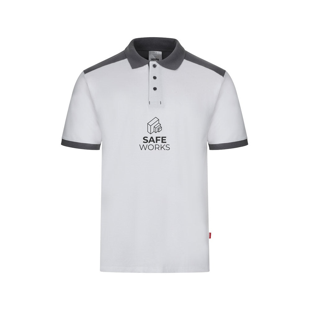 VL VELES promotional polo shirt in white with custom logo branding