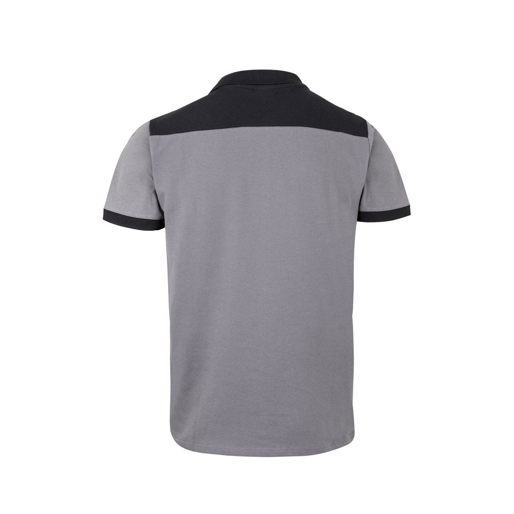 VL VELES promotional polo shirt in grey (detail view) with custom logo branding