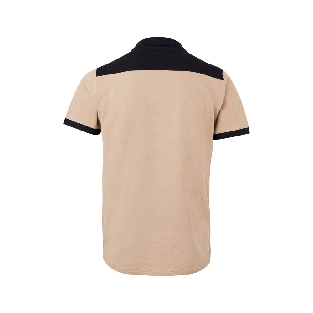 VL VELES promotional polo shirt in beige (detail view) with custom logo branding