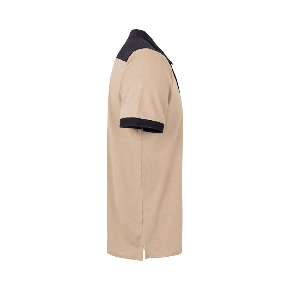 VL VELES promotional polo shirt in beige (detail view) with custom logo branding