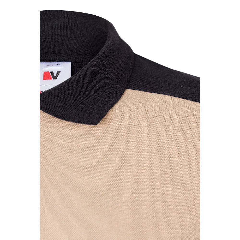 VL VELES promotional polo shirt in beige (detail view) with custom logo branding