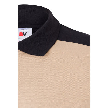 VL VELES promotional polo shirt in beige (detail view) with custom logo branding