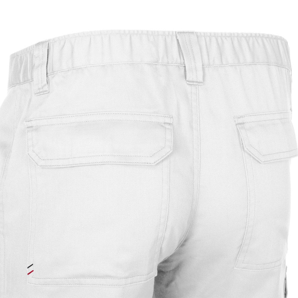 VL HERMES promotional workwear garment in white (detail view) with custom logo branding