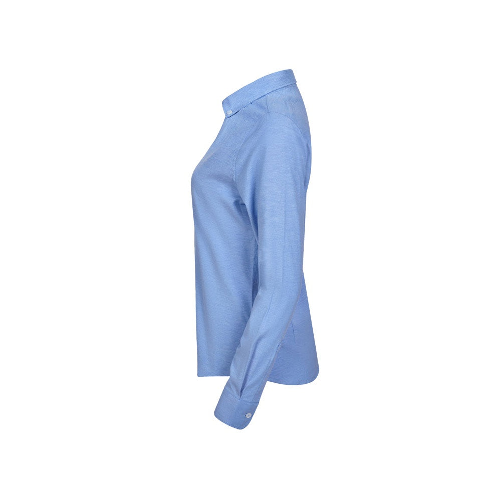VL PRITHVI WOMEN promotional corporate shirt in blue (detail view) with custom logo branding