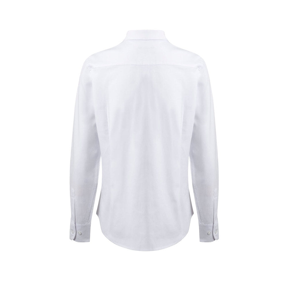 VL PRITHVI WOMEN promotional corporate shirt in white (detail view) with custom logo branding