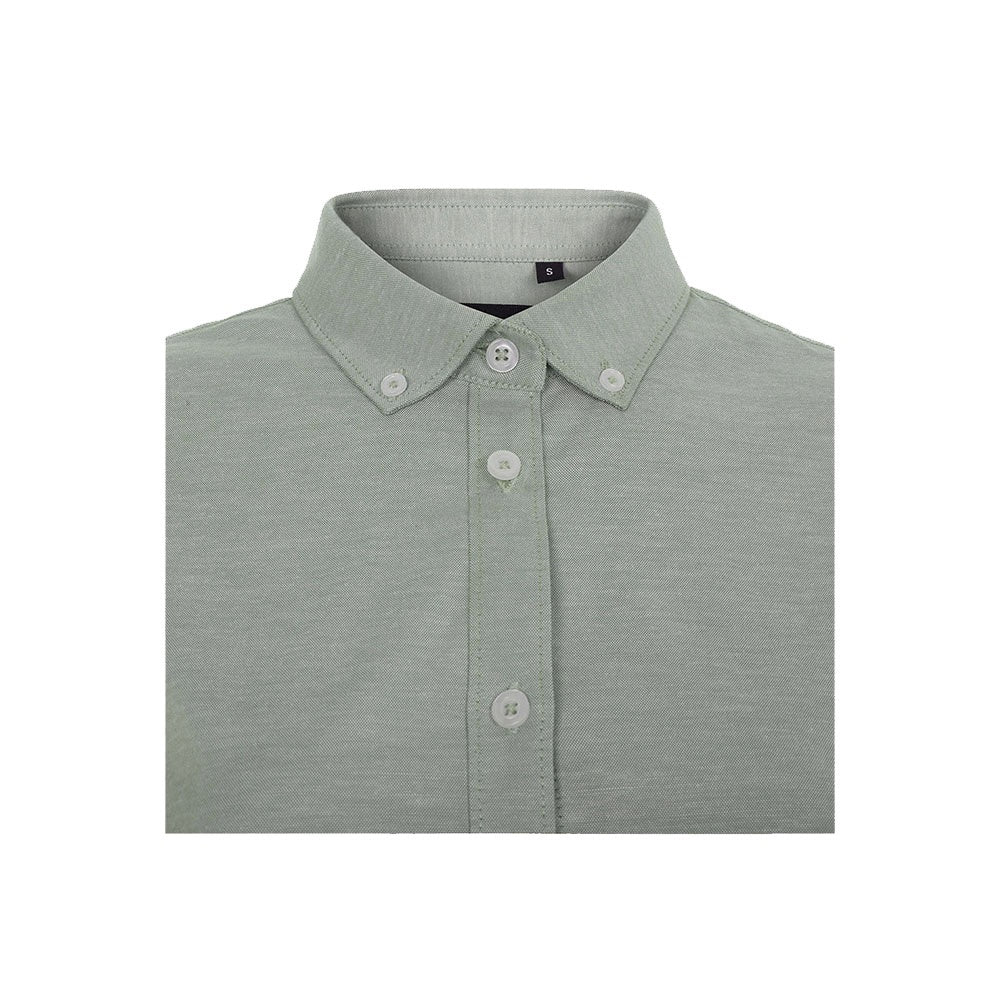 VL PRITHVI WOMEN promotional corporate shirt in green (detail view) with custom logo branding