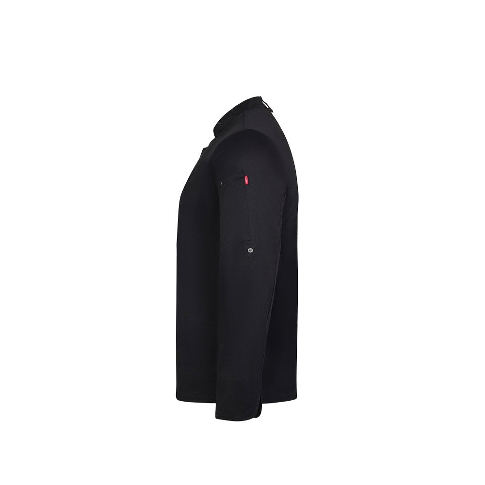 VL AGNI promotional workwear garment in black (detail view) with custom logo branding