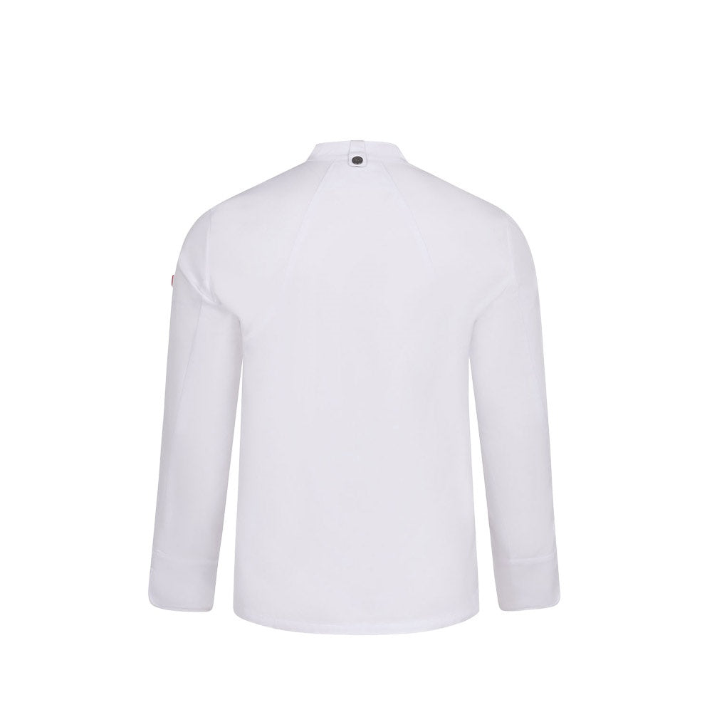 VL AGNI promotional workwear garment in white (detail view) with custom logo branding