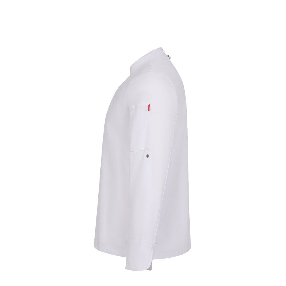 VL AGNI promotional workwear garment in white (detail view) with custom logo branding
