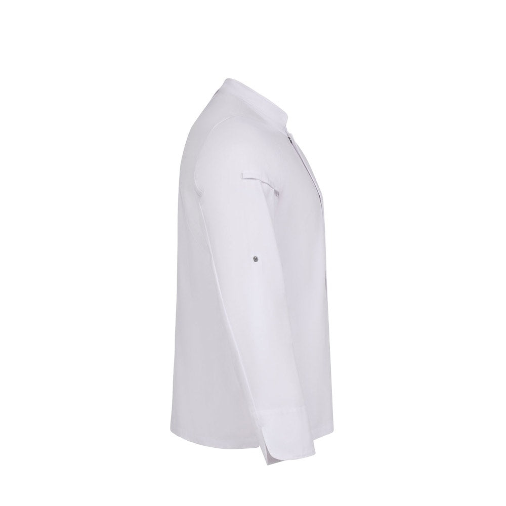VL AGNI promotional workwear garment in white (detail view) with custom logo branding