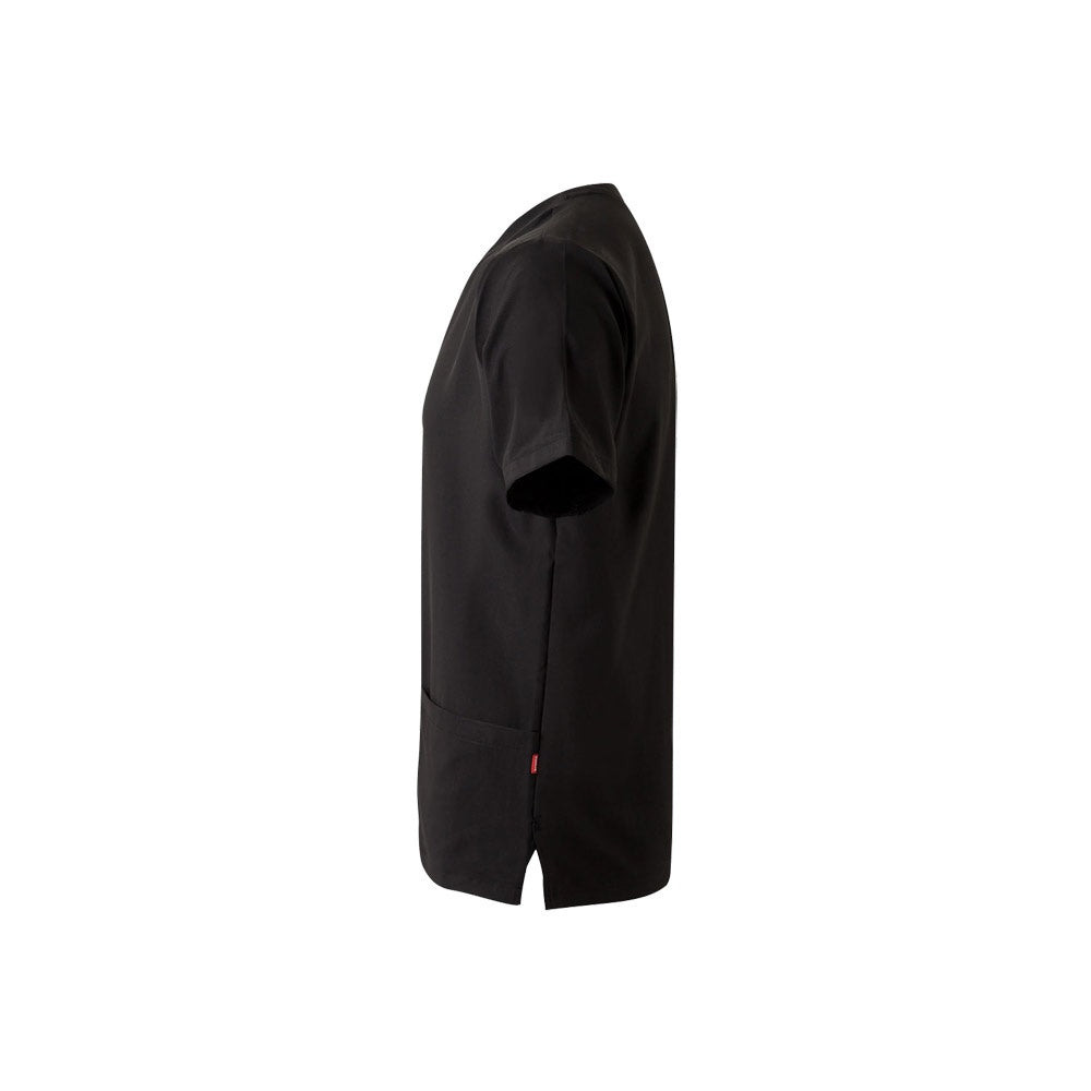 VL FLORA promotional workwear garment in black (detail view) with custom logo branding