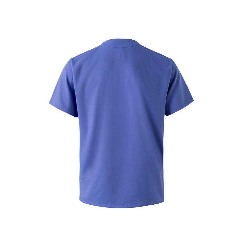 VL FLORA promotional workwear garment in blue (detail view) with custom logo branding
