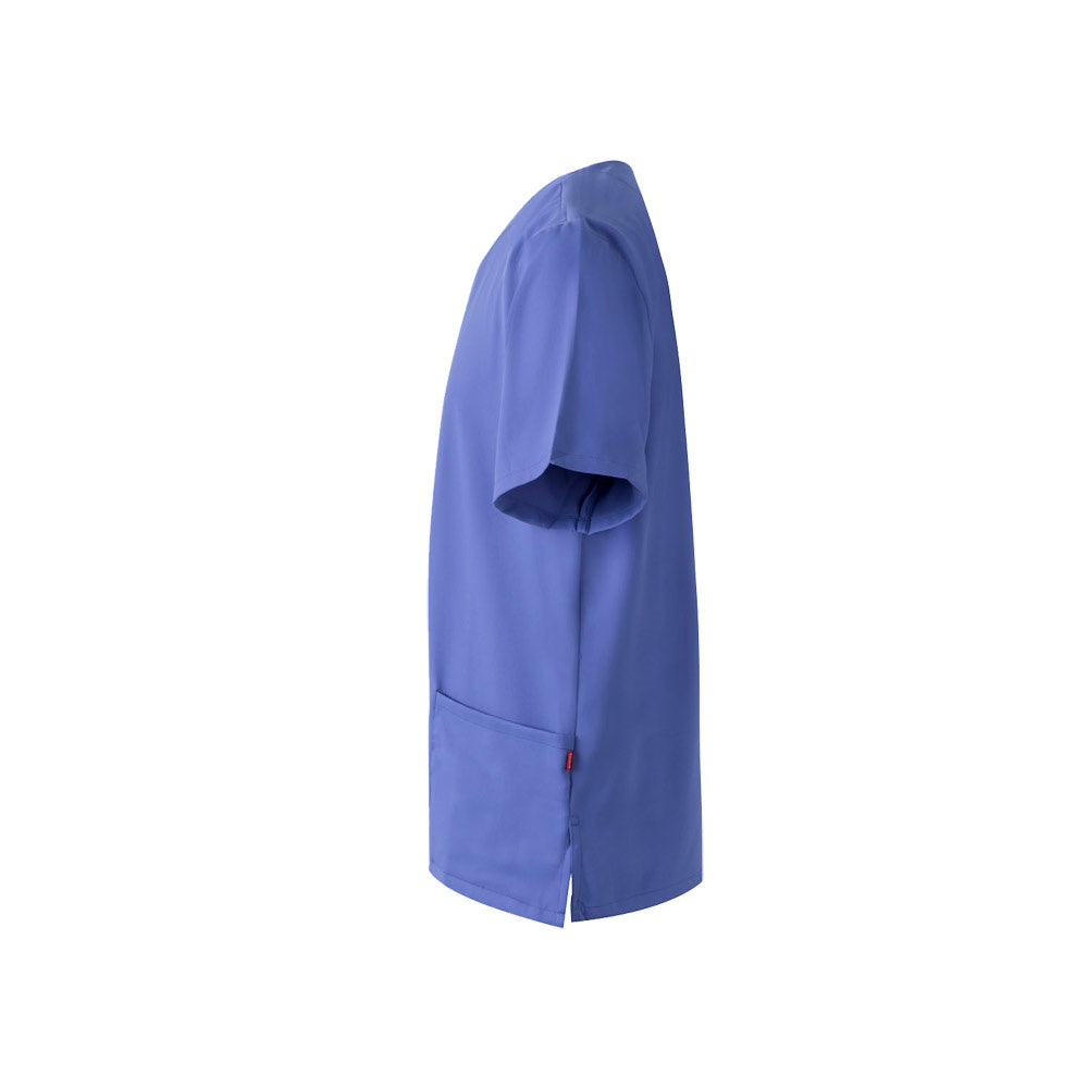 VL FLORA promotional workwear garment in blue (detail view) with custom logo branding