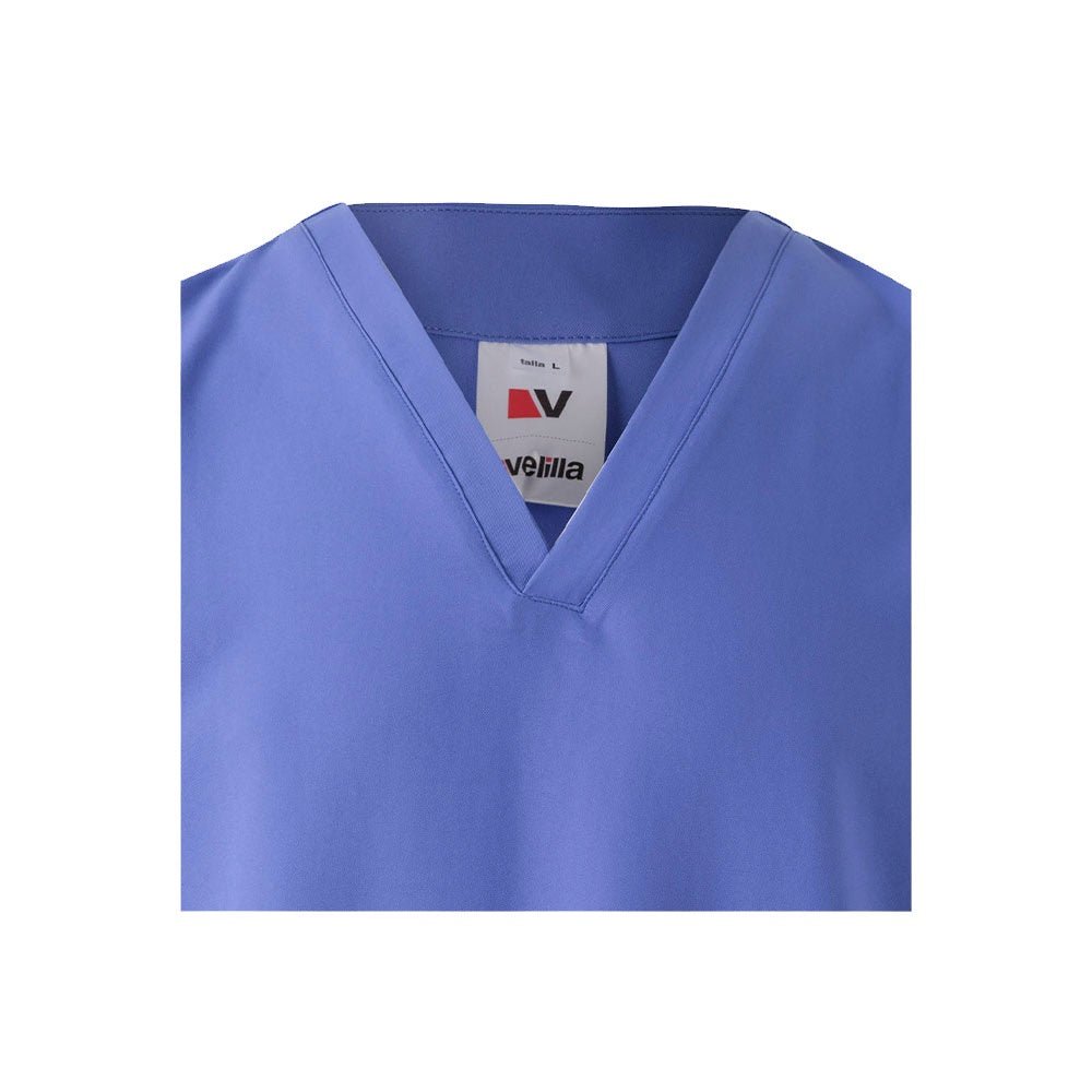 VL FLORA promotional workwear garment in blue (detail view) with custom logo branding