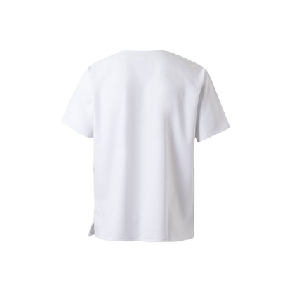 VL FLORA promotional workwear garment in white (detail view) with custom logo branding