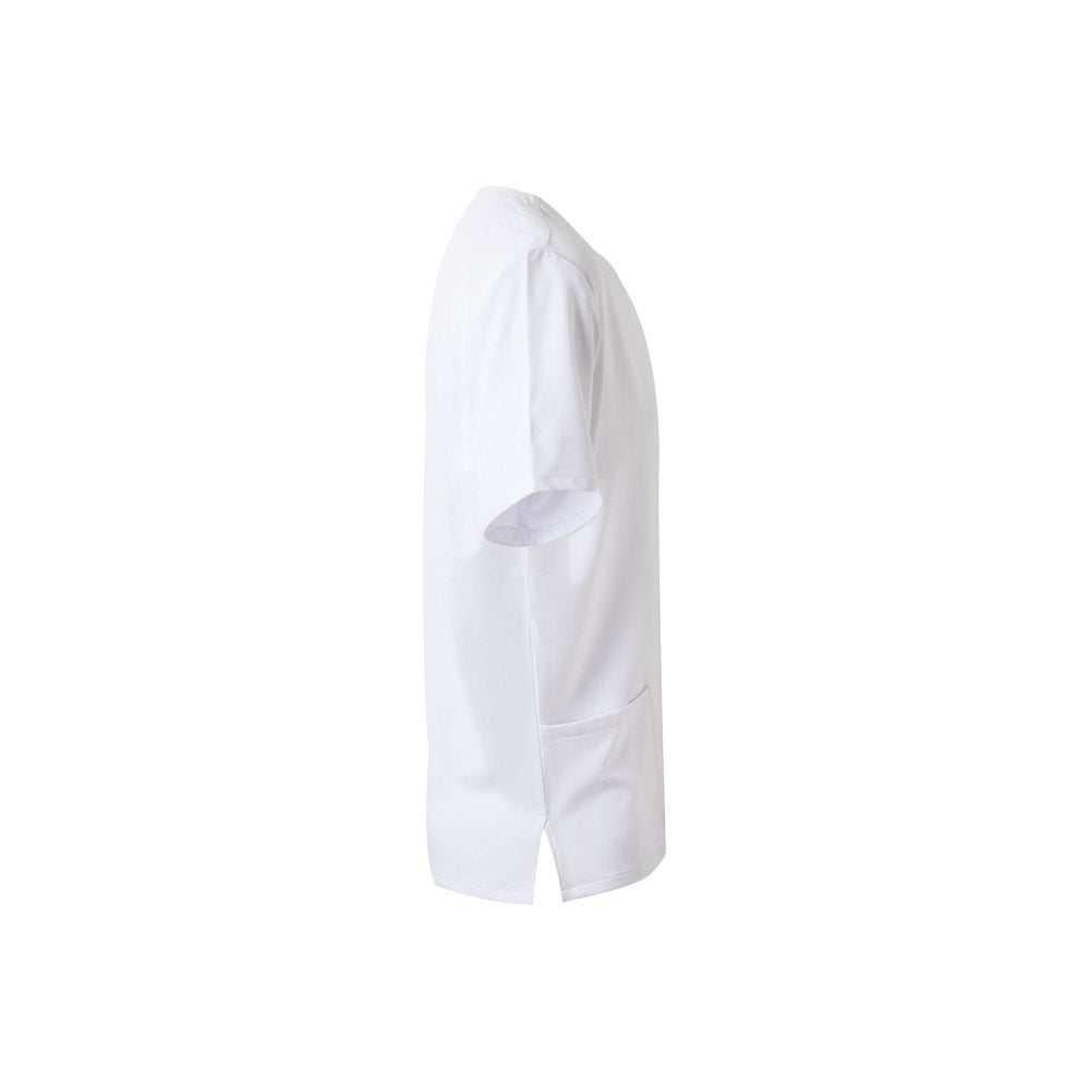VL FLORA promotional workwear garment in white (detail view) with custom logo branding