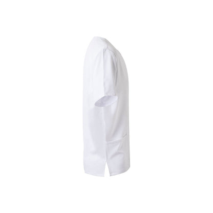 VL FLORA promotional workwear garment in white (detail view) with custom logo branding