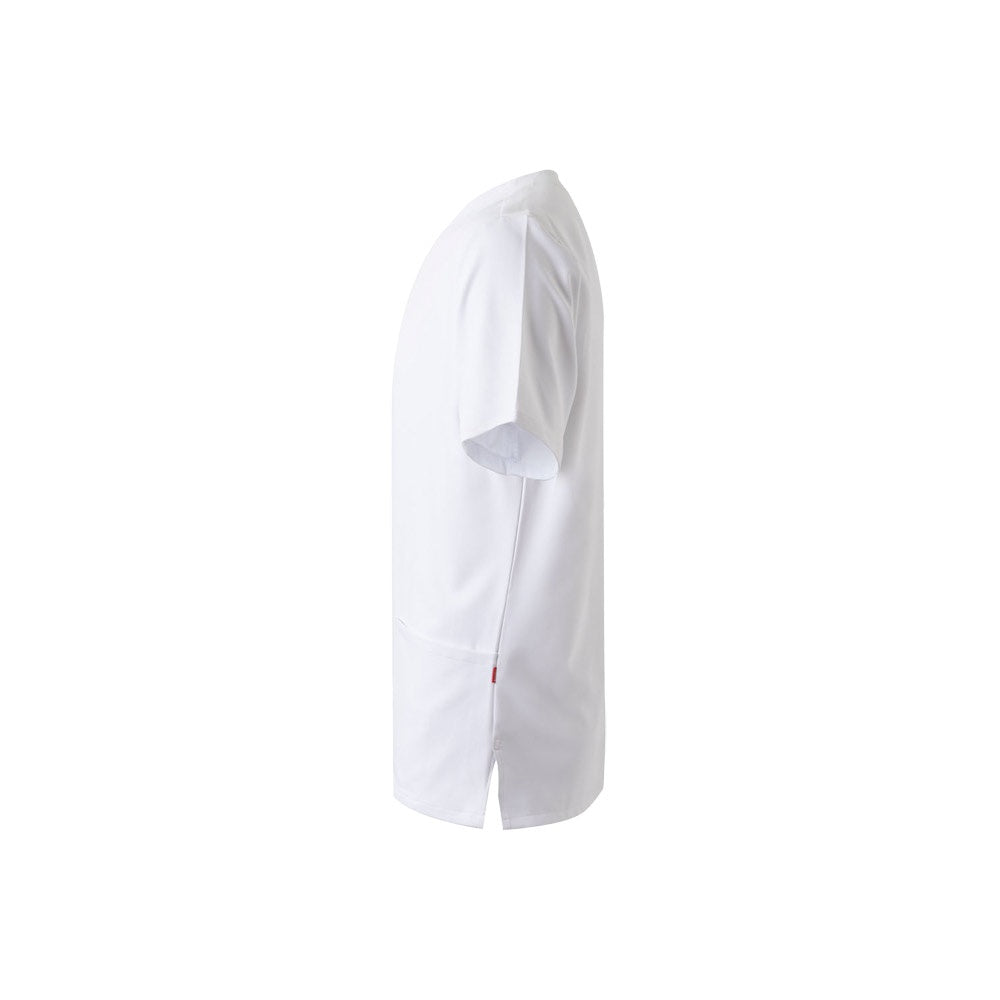 VL FLORA promotional workwear garment in white (detail view) with custom logo branding