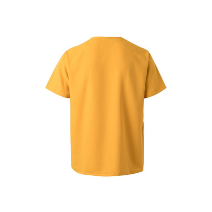 VL FLORA promotional workwear garment in yellow (detail view) with custom logo branding
