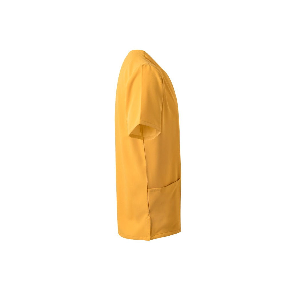VL FLORA promotional workwear garment in yellow (detail view) with custom logo branding