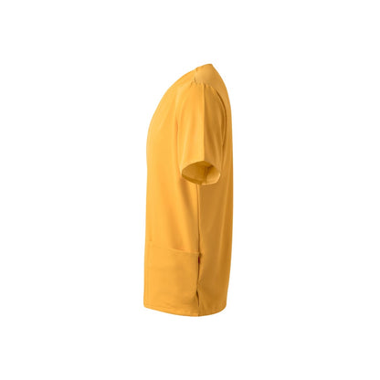VL FLORA promotional workwear garment in yellow (detail view) with custom logo branding