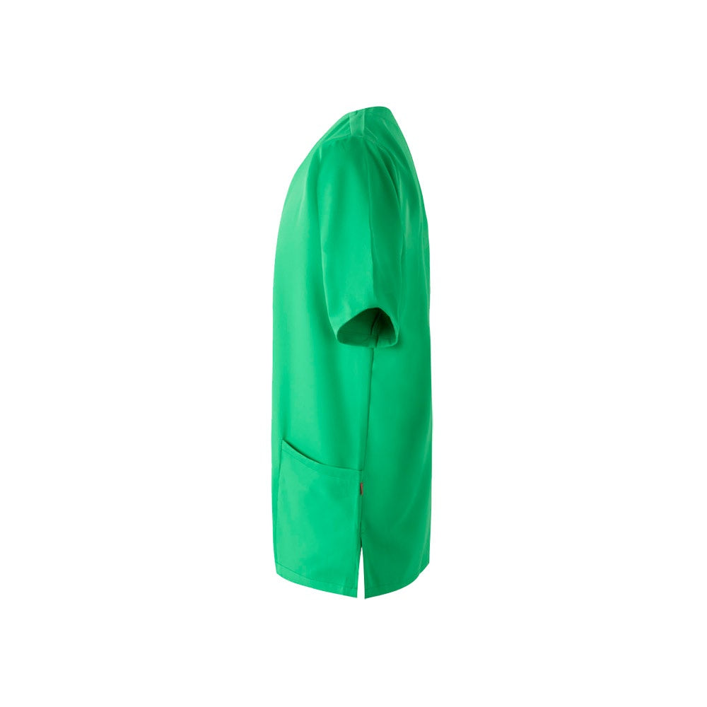 VL FLORA promotional workwear garment in green (detail view) with custom logo branding