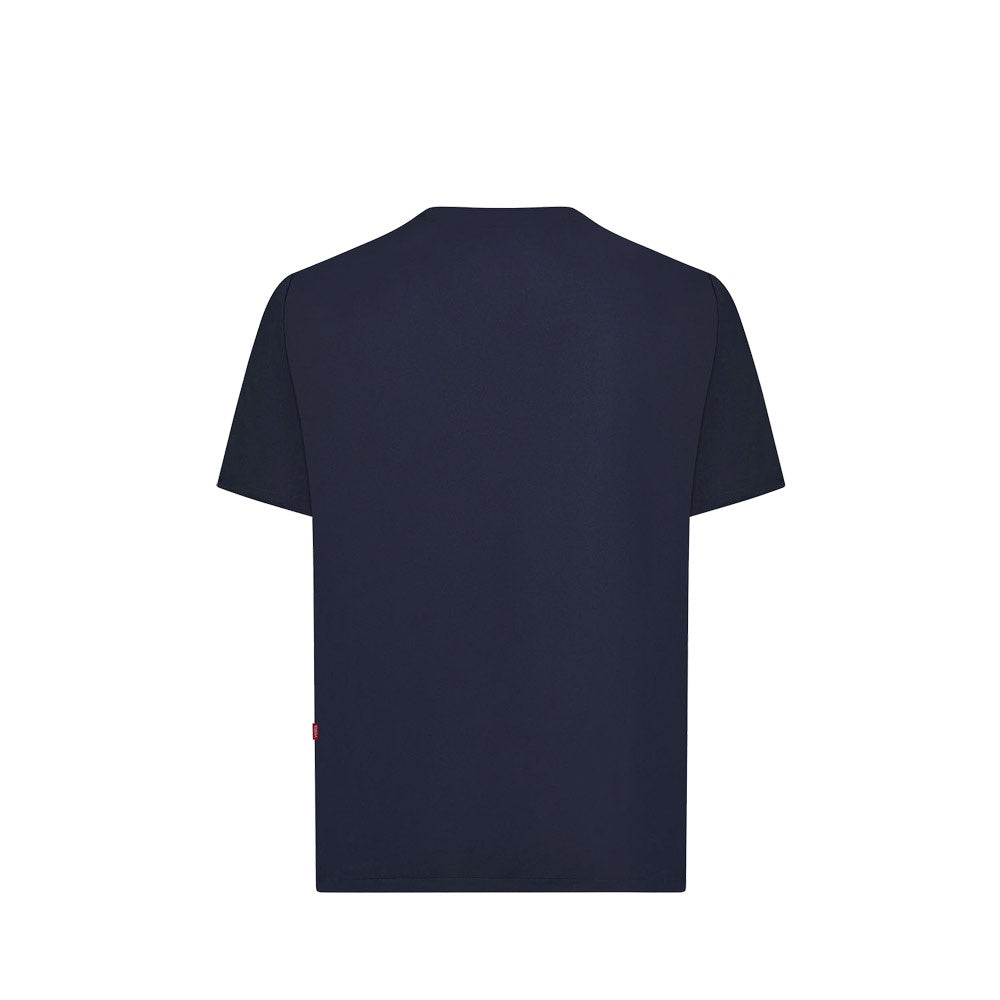 VL FLORA promotional workwear garment in navy blue (detail view) with custom logo branding