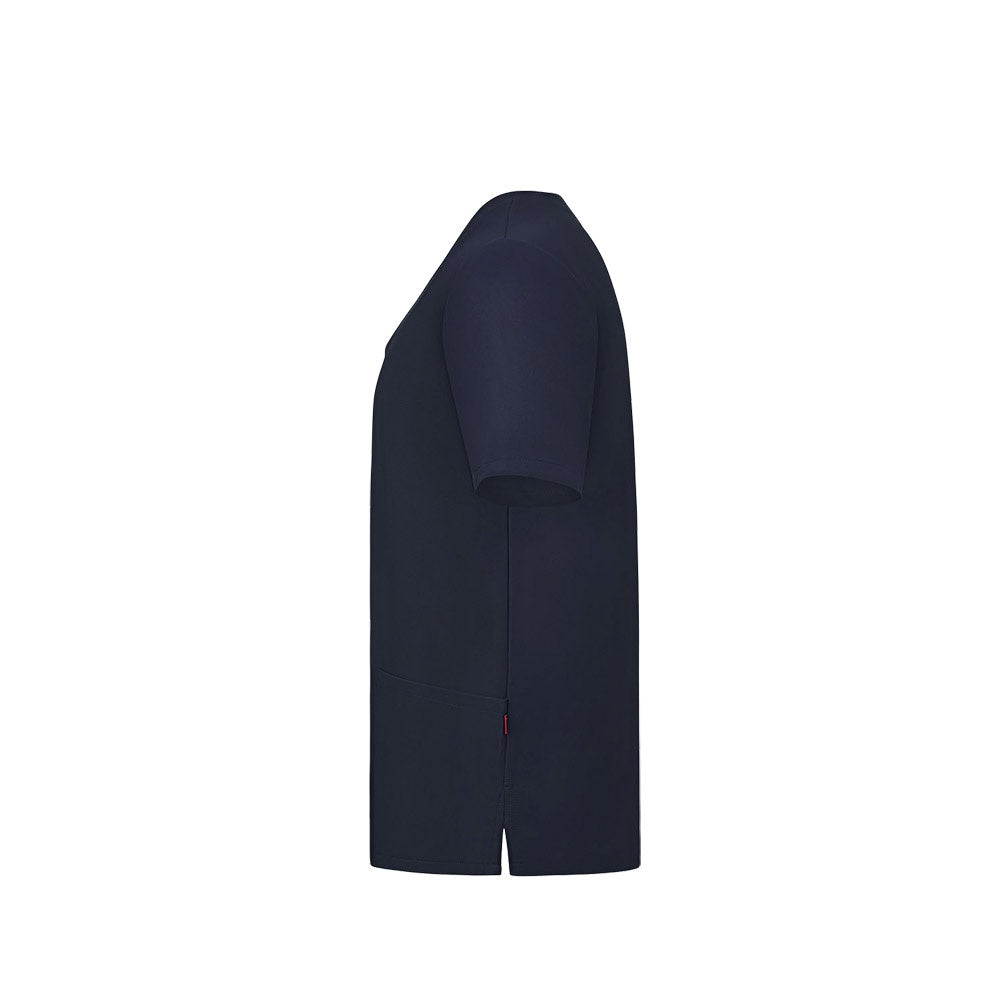 VL FLORA promotional workwear garment in navy blue (detail view) with custom logo branding