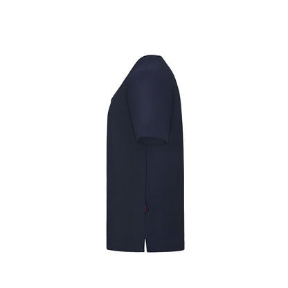 VL FLORA promotional workwear garment in navy blue (detail view) with custom logo branding