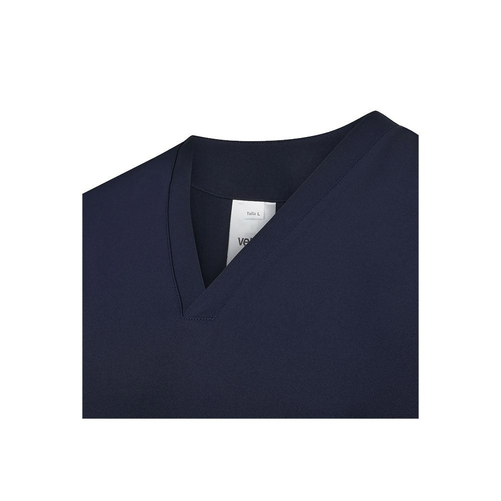 VL FLORA promotional workwear garment in navy blue (detail view) with custom logo branding