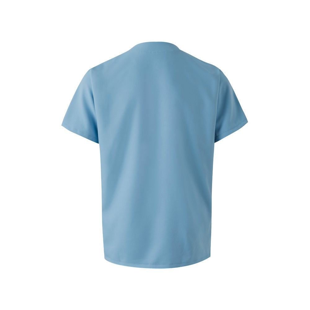 VL FLORA promotional workwear garment in pastel blue (detail view) with custom logo branding