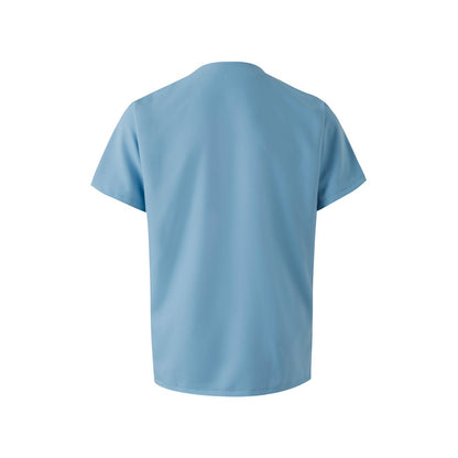 VL FLORA promotional workwear garment in pastel blue (detail view) with custom logo branding