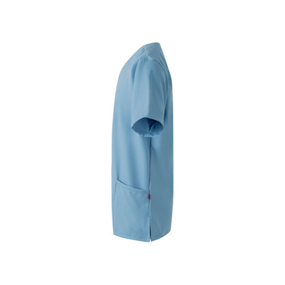 VL FLORA promotional workwear garment in pastel blue (detail view) with custom logo branding