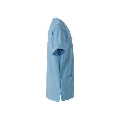 VL FLORA promotional workwear garment in pastel blue (detail view) with custom logo branding
