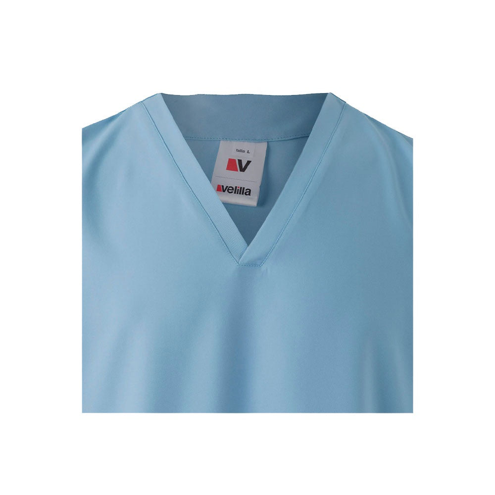 VL FLORA promotional workwear garment in pastel blue (detail view) with custom logo branding
