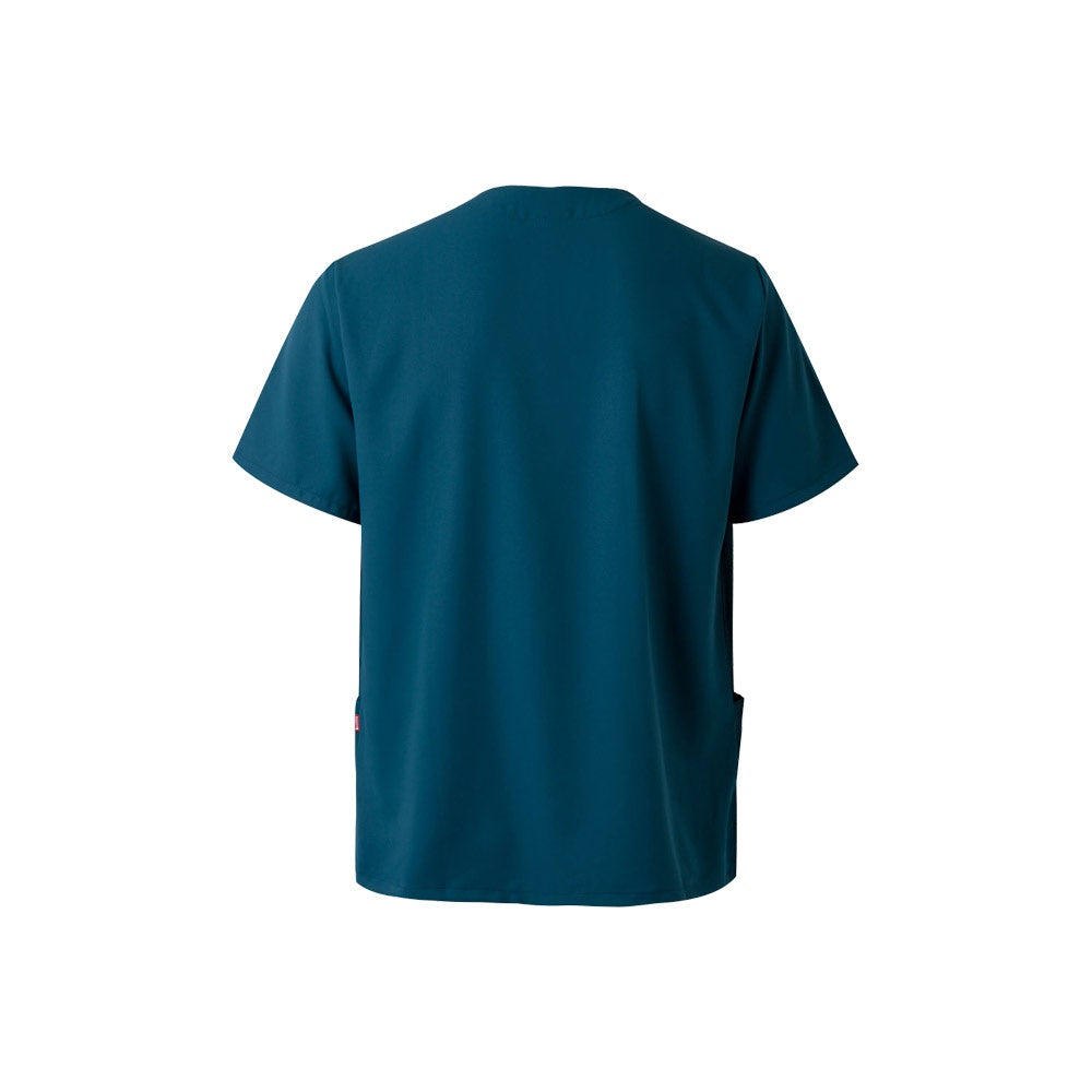 VL FLORA promotional workwear garment in petrol blue (detail view) with custom logo branding