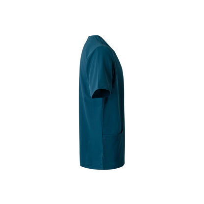 VL FLORA promotional workwear garment in petrol blue (detail view) with custom logo branding