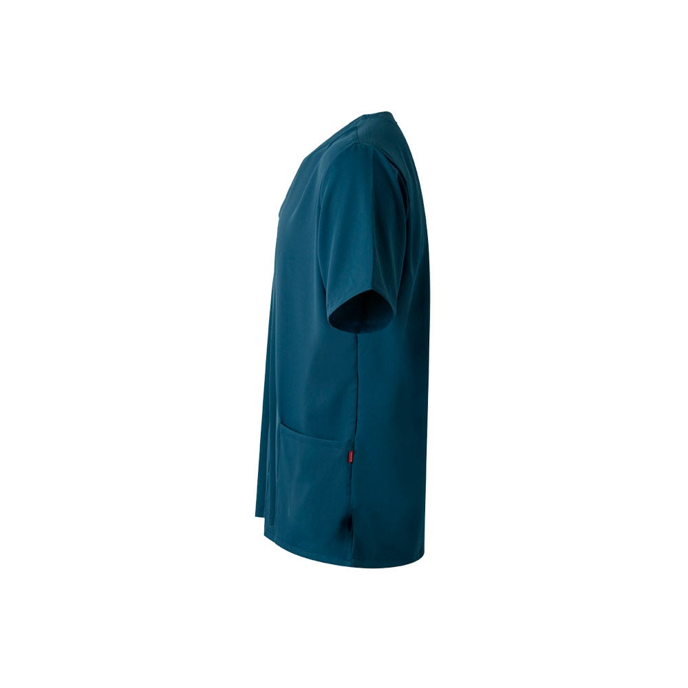 VL FLORA promotional workwear garment in petrol blue (detail view) with custom logo branding