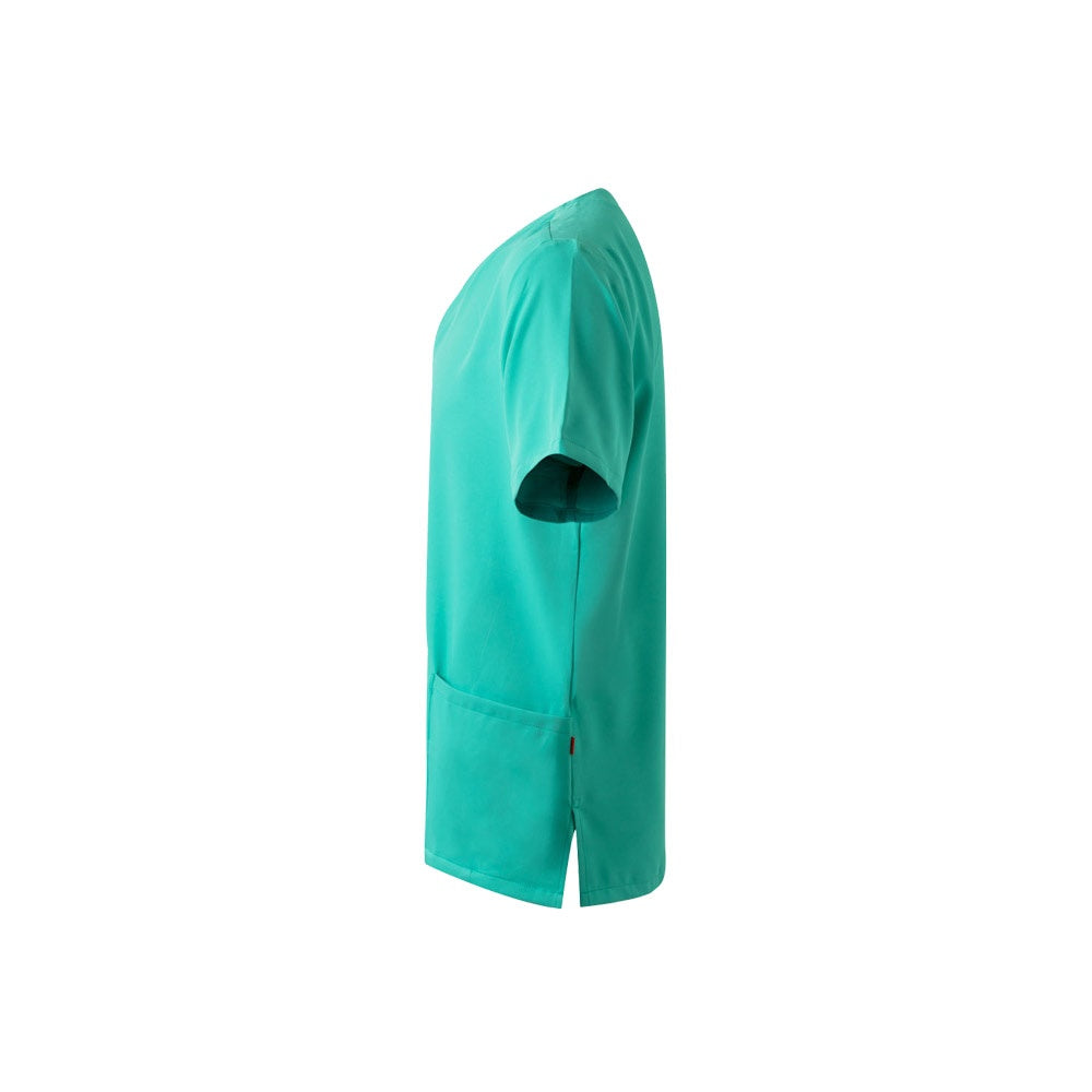 VL FLORA promotional workwear garment in mint green (detail view) with custom logo branding