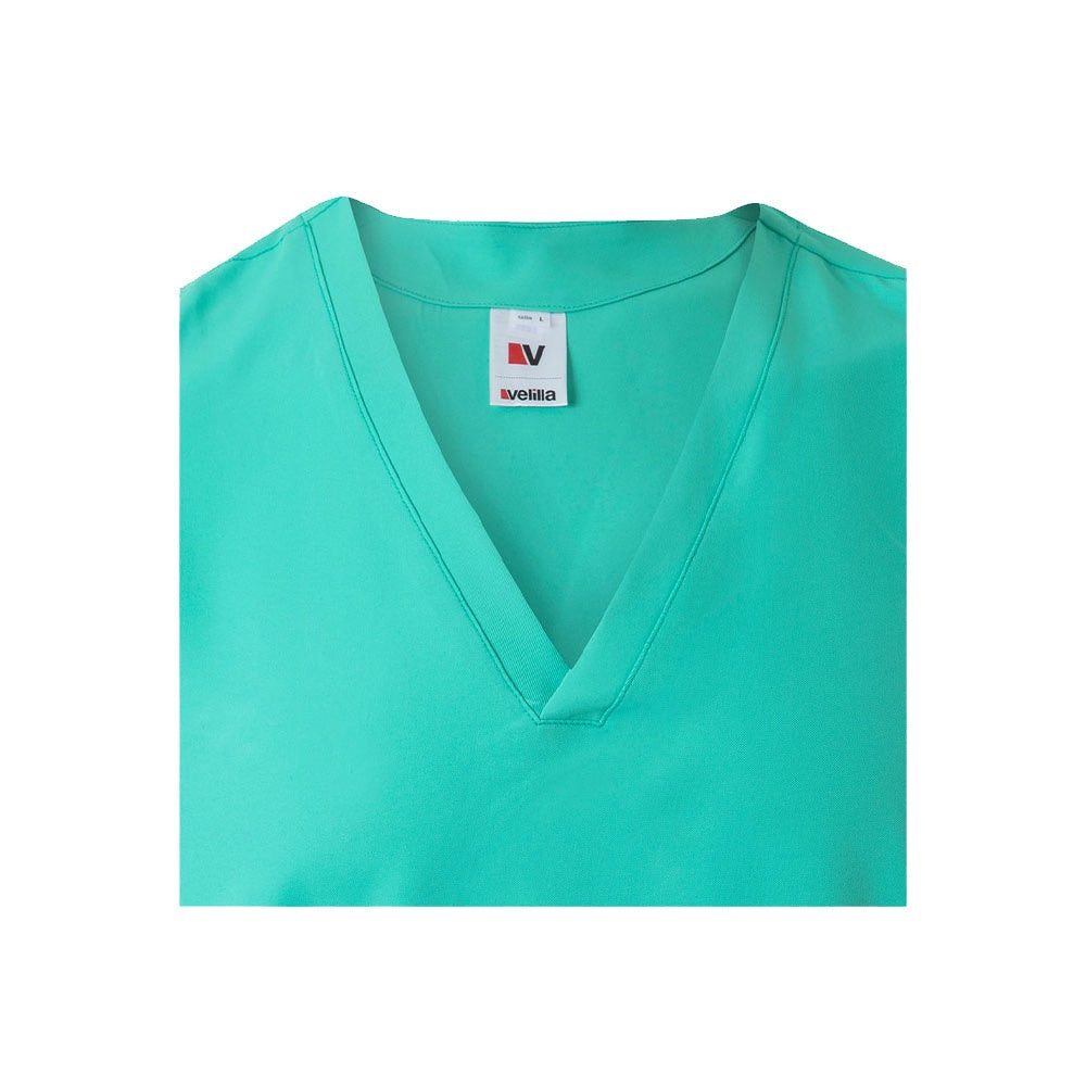 VL FLORA promotional workwear garment in mint green (detail view) with custom logo branding